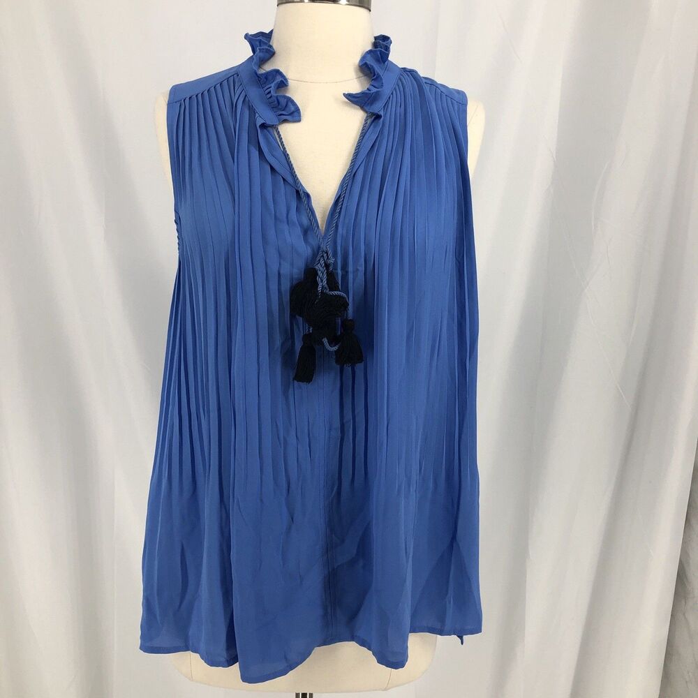 LOFT Petites Blue Pleated Sleeveless Tassel Tie Blouse LP